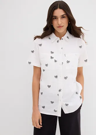 Blouse manches courtes en gaze de coton • blanc-noir imprimé • Boutique bonprix