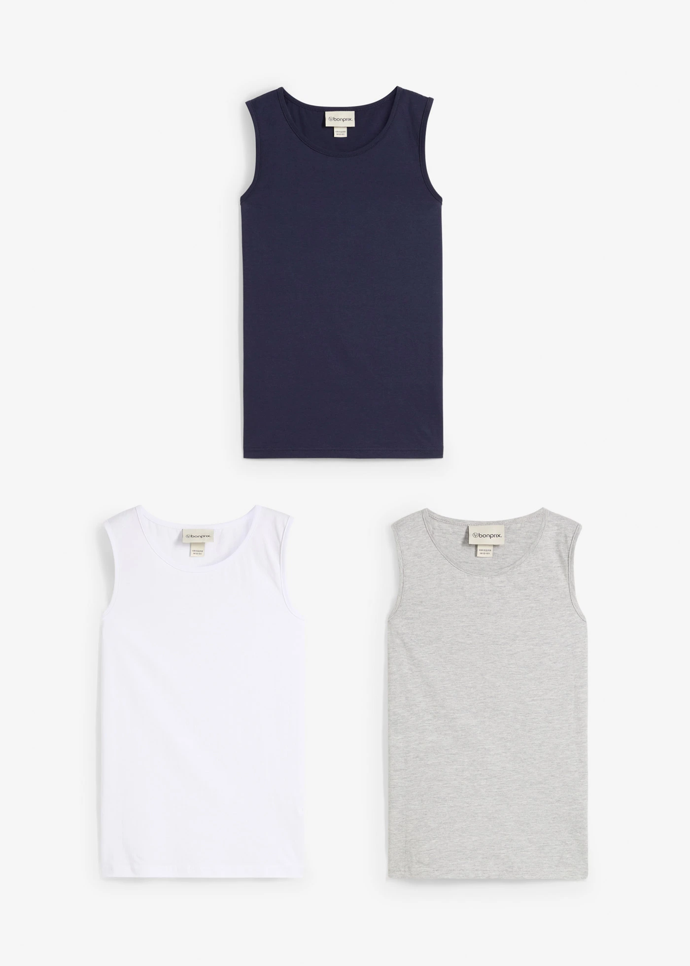 Lot de 3 débardeurs coton • bleu foncé+blanc+gris clair chiné • Boutique bonprix