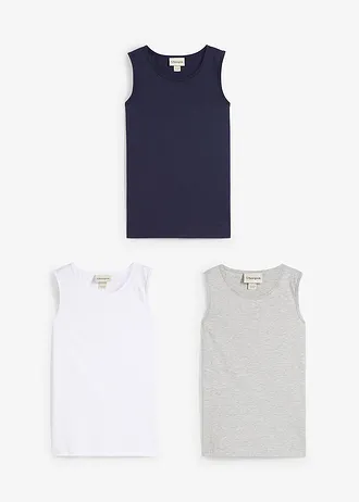 Lot de 3 débardeurs coton • bleu foncé+blanc+gris clair chiné • Boutique bonprix