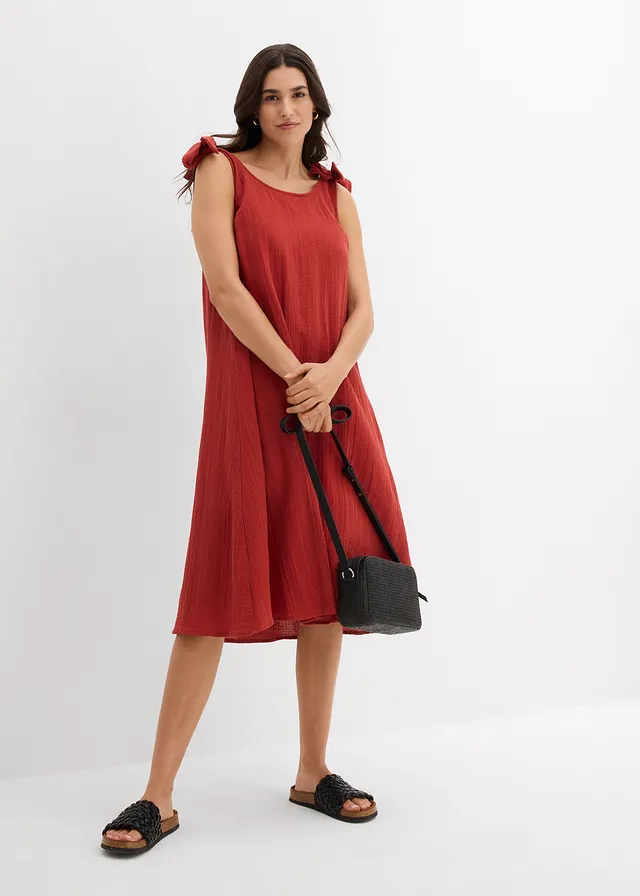 Robe à bretelles en gaze de coton douce, Couleur: rouge carmin