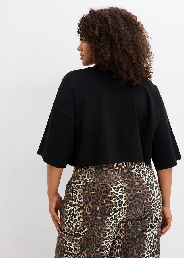 Cropped T-shirt van biologisch katoen, Kleur: zwart luipaardprint