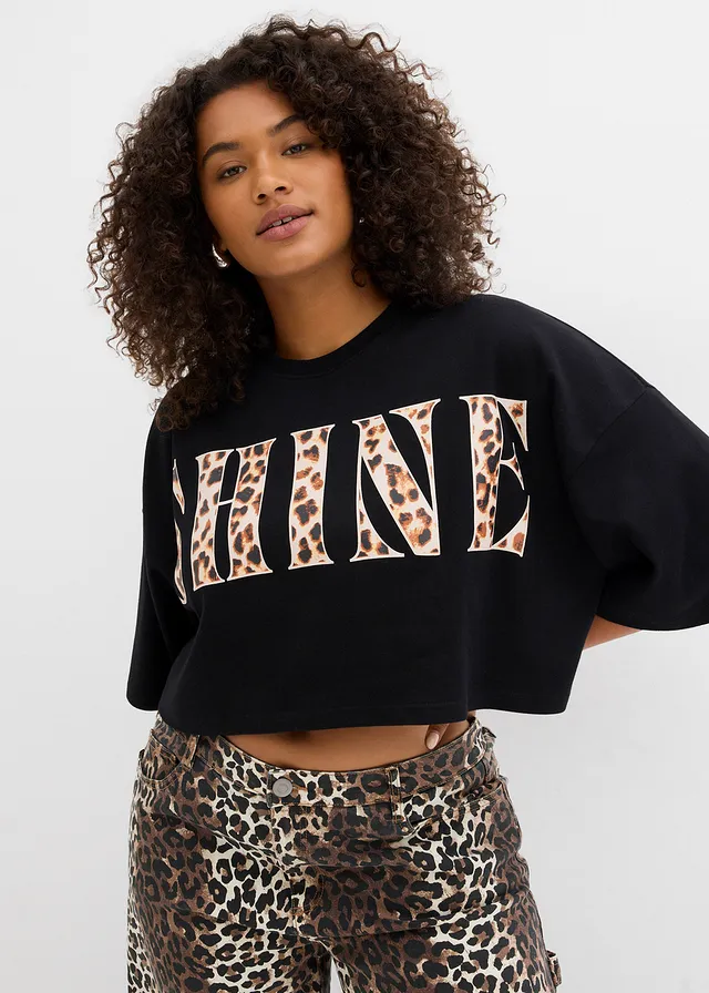 Cropped T-shirt van biologisch katoen, Kleur: zwart luipaardprint