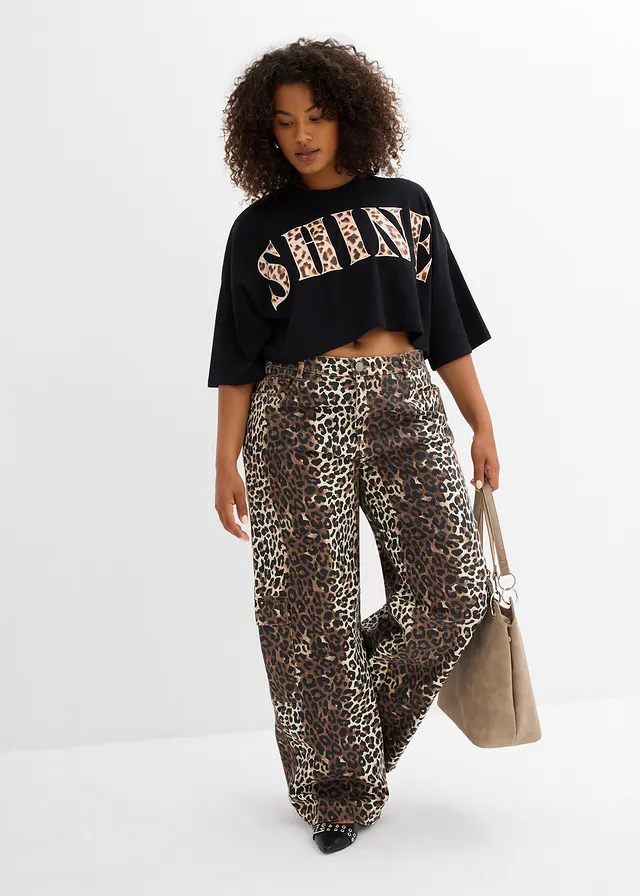 Cropped T-shirt van biologisch katoen, Kleur: zwart luipaardprint