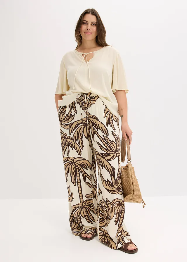 Pantalon large en viscose fluide, Couleur: écru-marron foncé-new beige floral