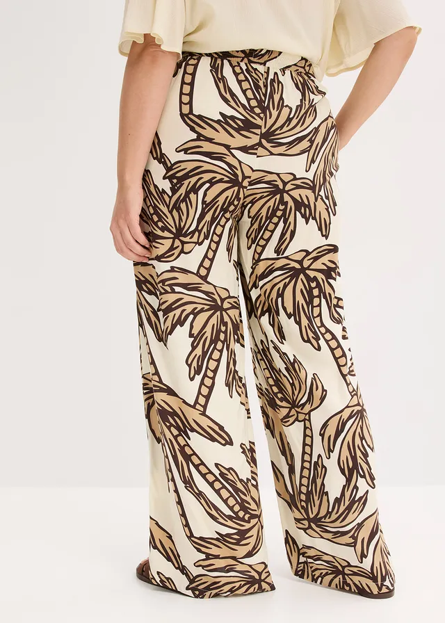 Pantalon large en viscose fluide, Couleur: écru-marron foncé-new beige floral