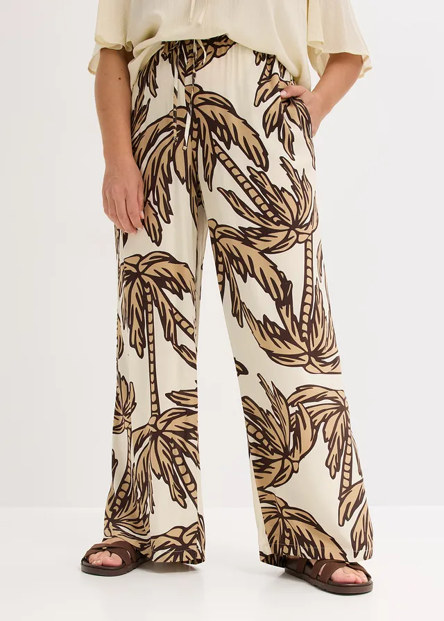 Pantalon large en viscose fluide, Couleur: écru-marron foncé-new beige floral