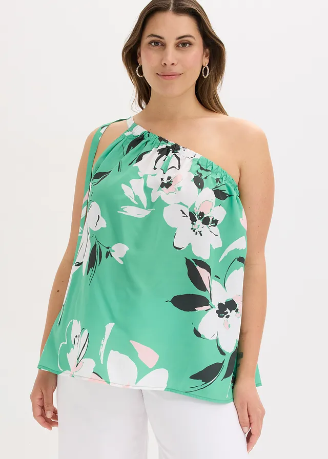 Top blouse asymétrique, Couleur: vert à fleurs