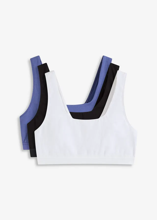 Lot de 3 brassières coton extensible • bleu violet + noir + blanc • Boutique bonprix