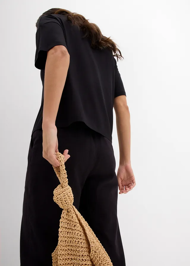 Cropped T-shirt met oversized schouders • zwart - beige • product-page.page-title-suffix