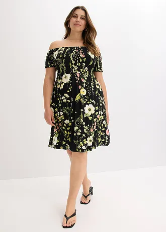 Carmen jurk in een zachte viscosemix, Kleur: zwart gebloemd