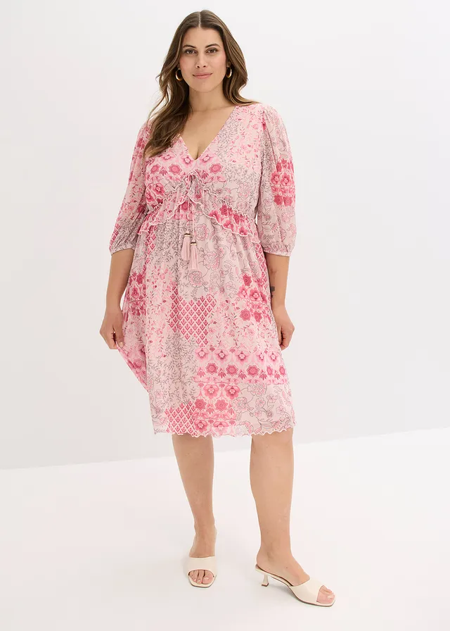 Gedessineerde tuniekjurk in mesh, Kleur: pink gedessineerd