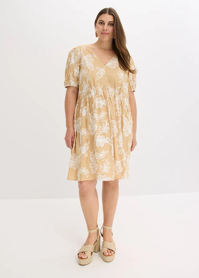 Robe-tunique brodée en viscose fluide, Couleur: beige floral