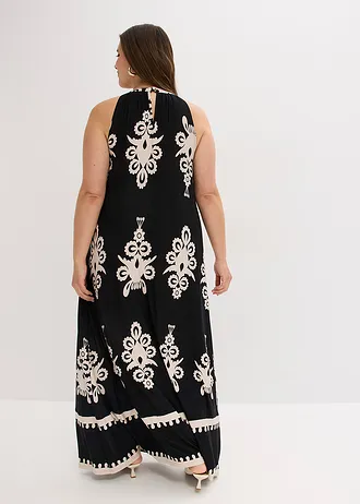 Jersey jurk in een zachte visocemix, Kleur: zwart/crème
