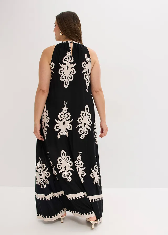 Jersey jurk in een zachte visocemix, Kleur: zwart/crème