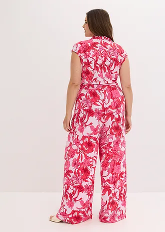 Kombinezon z dżerseju z nadrukiem, barva: różowy w roślinny wzór