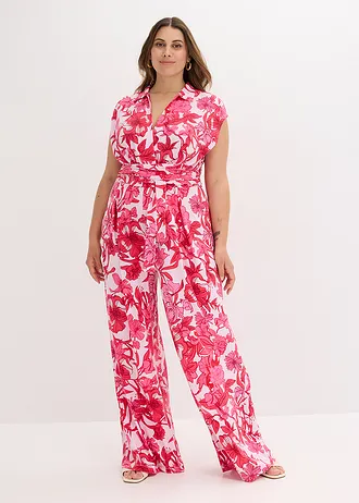 Kombinezon z dżerseju z nadrukiem, barva: różowy w roślinny wzór