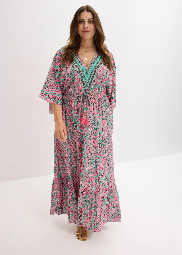 Maxi jurk van soepele viscose, Kleur: pink-turkoois
