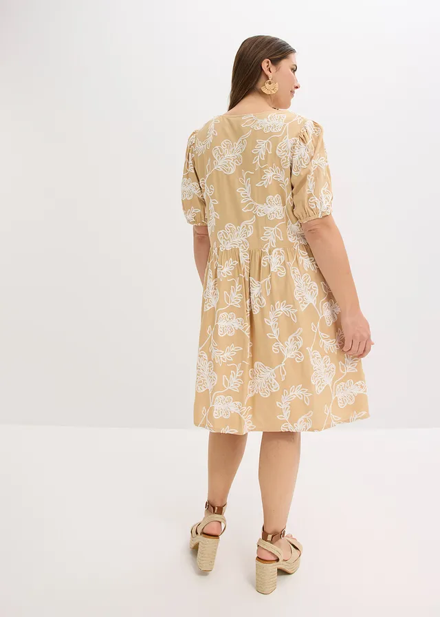 Robe-tunique brodée en viscose fluide, Couleur: beige floral