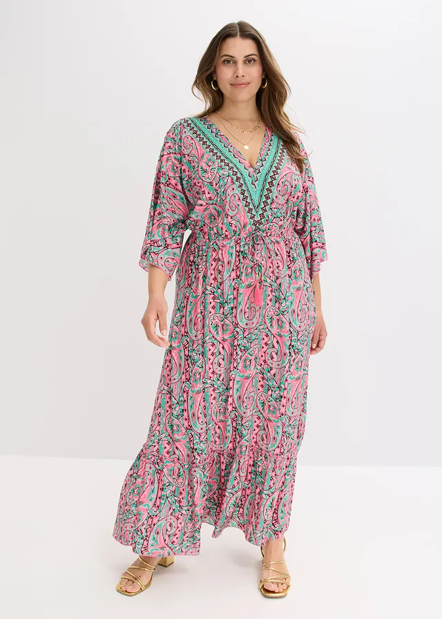 Maxi jurk van soepele viscose, Kleur: pink-turkoois