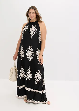 Jersey jurk in een zachte visocemix, Kleur: zwart/crème