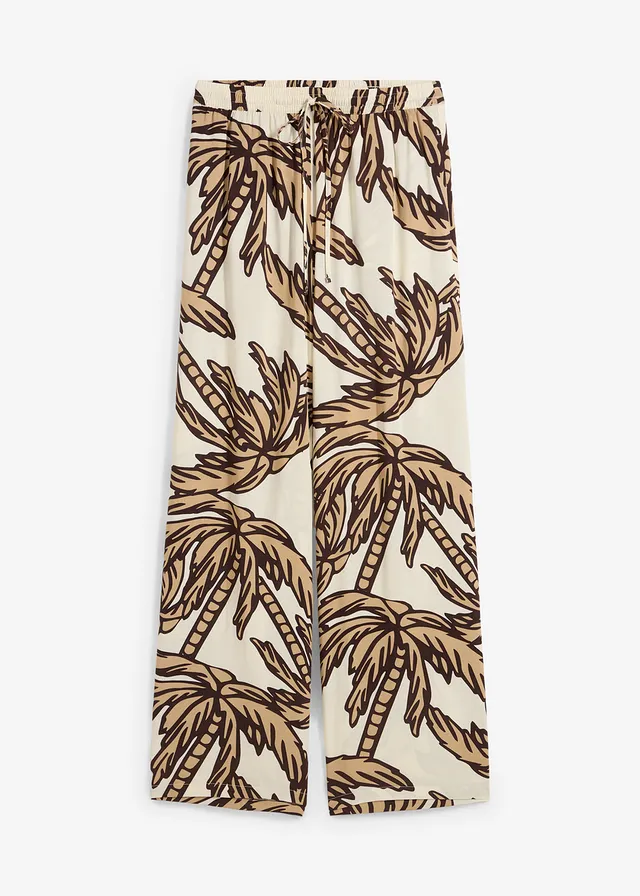 Marlene Dietrich broek van soepele viscose, Kleur: ecru-donkerbruin-new beige gebloemd