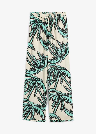 Marlene Dietrich broek van vloeiende viscose, Kleur: mentholblauw-ecru-donkerbruin gebloemd