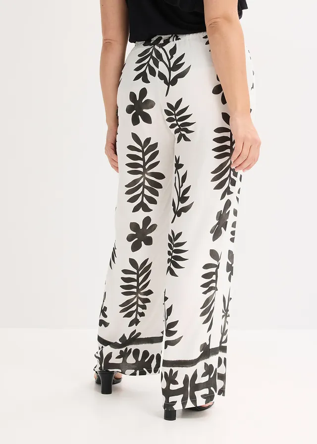 Pantalon imprimé en viscose fluide, Couleur: blanc/noir floral