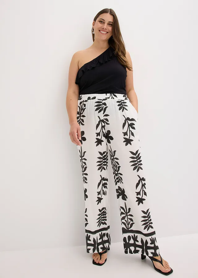 Pantalon imprimé en viscose fluide, Couleur: blanc/noir floral