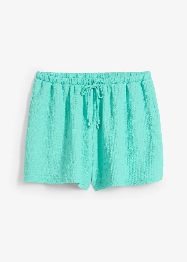 Pantaloni scurți cu elastic și șiret în talie din crep texturat