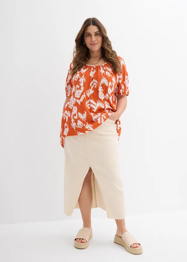 Tuniek van gestructureerde viscose, Kleur: kaneelrood-wolwit