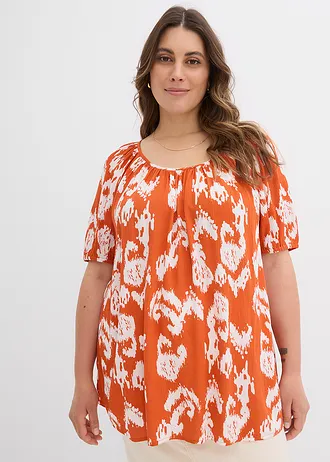 Tuniková halenka z měkké viskózy, barva: skořicově červená-přírodní bílá