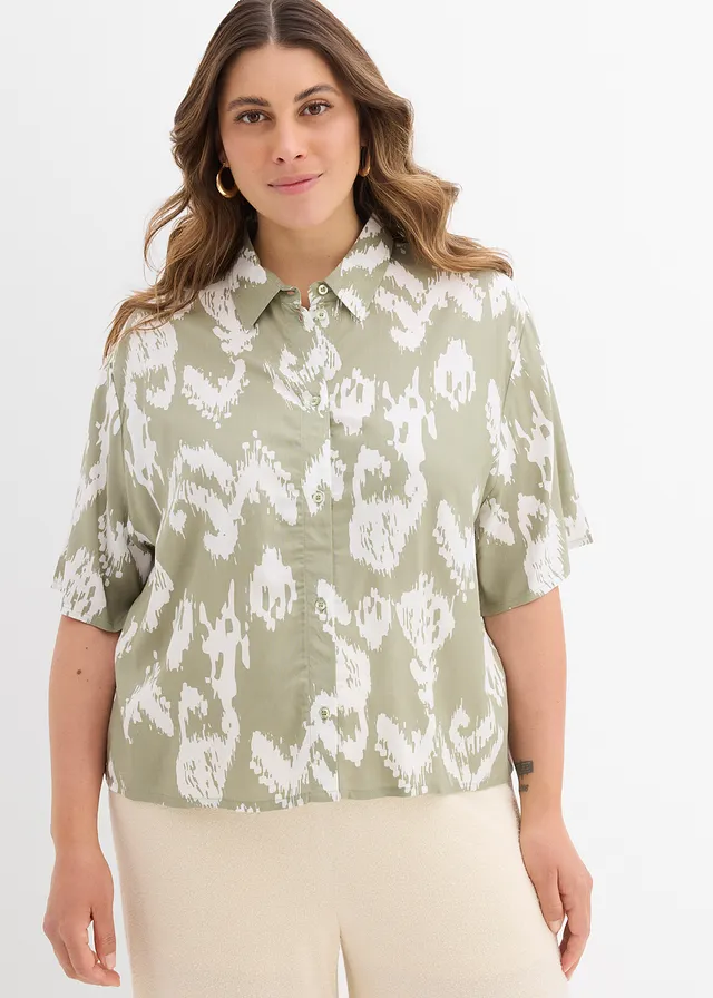 Viscose blouse met korte mouwen, Kleur: zeegras-wolwit gedessineerd