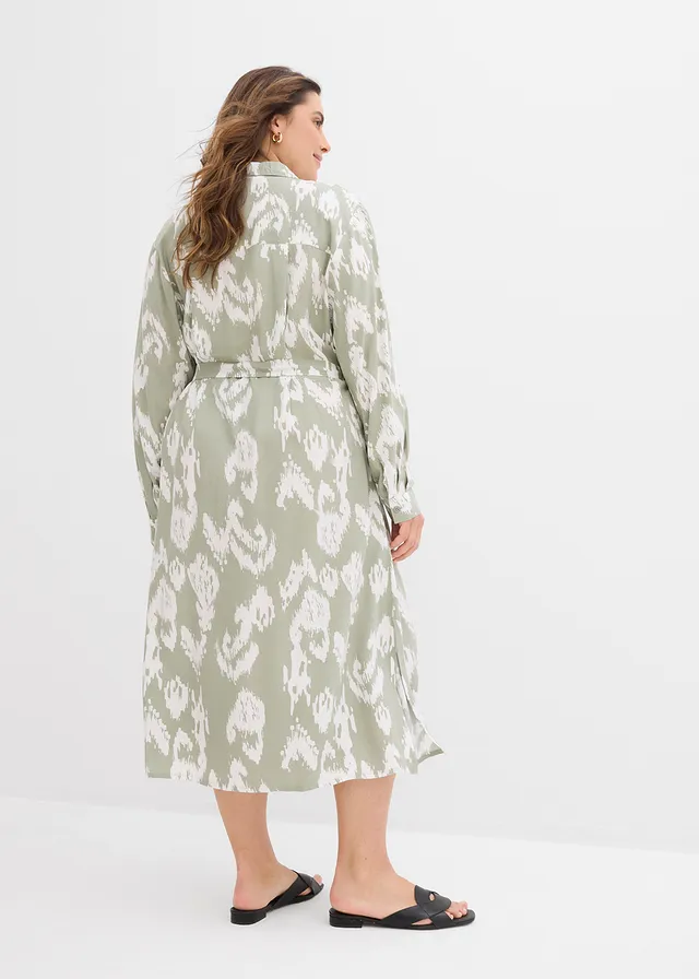 Robe-chemise en viscose fluide, Couleur: gris vert/écru imprimé