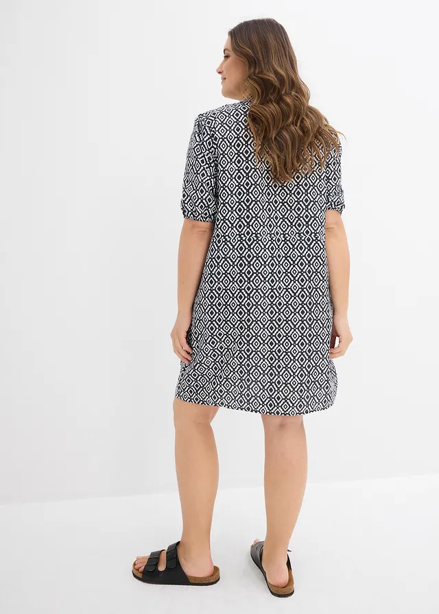 Robe-tunique en viscose fluide, Couleur: noir/écru imprimé