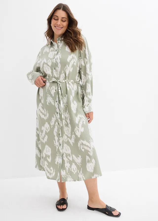 Robe-chemise en viscose fluide, Couleur: gris vert/écru imprimé