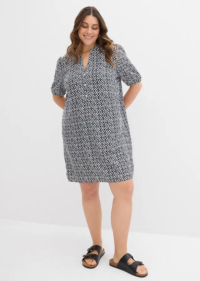Robe-tunique en viscose fluide, Couleur: noir/écru imprimé