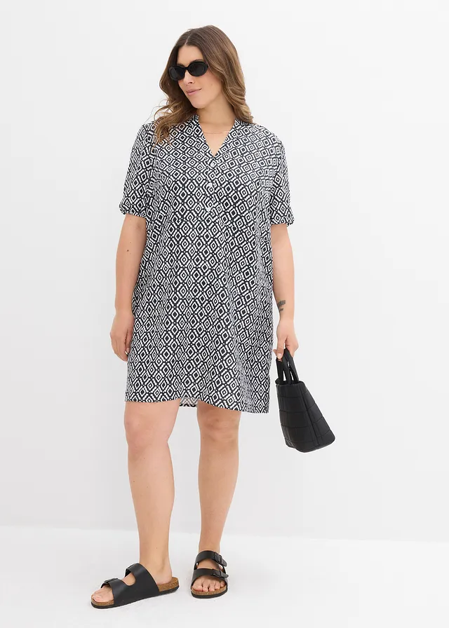 Robe-tunique en viscose fluide, Couleur: noir/écru imprimé