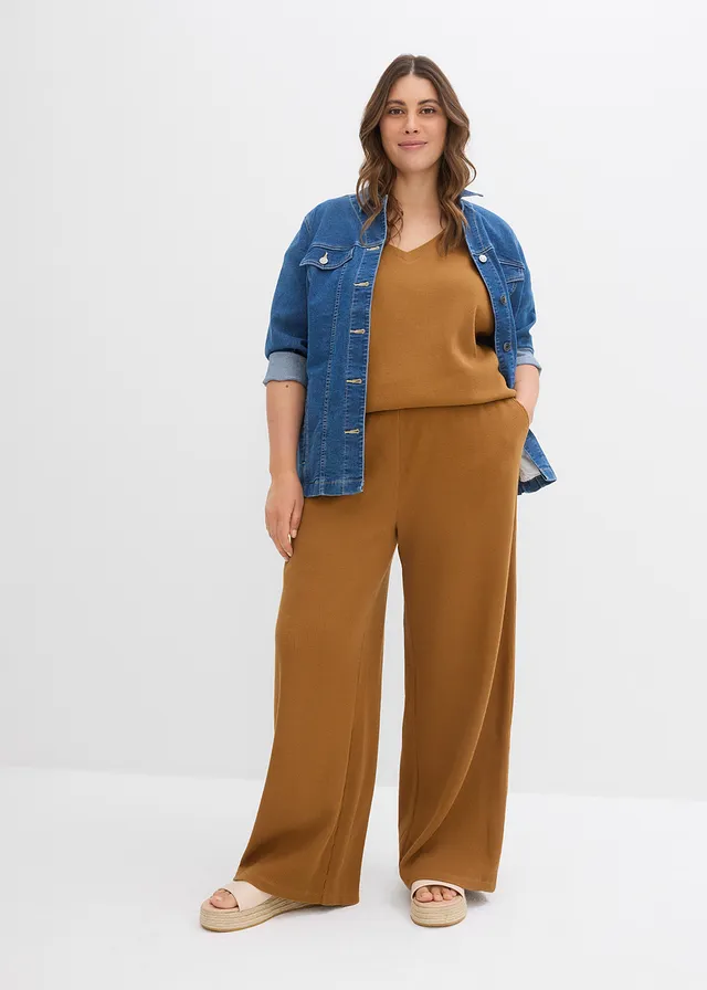 Pantalon 100% coton texturé, Couleur: marron cognac