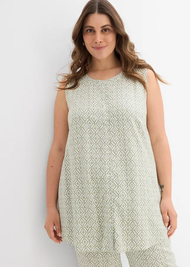 Chemisier en viscose douce, Couleur: gris vert/écru imprimé