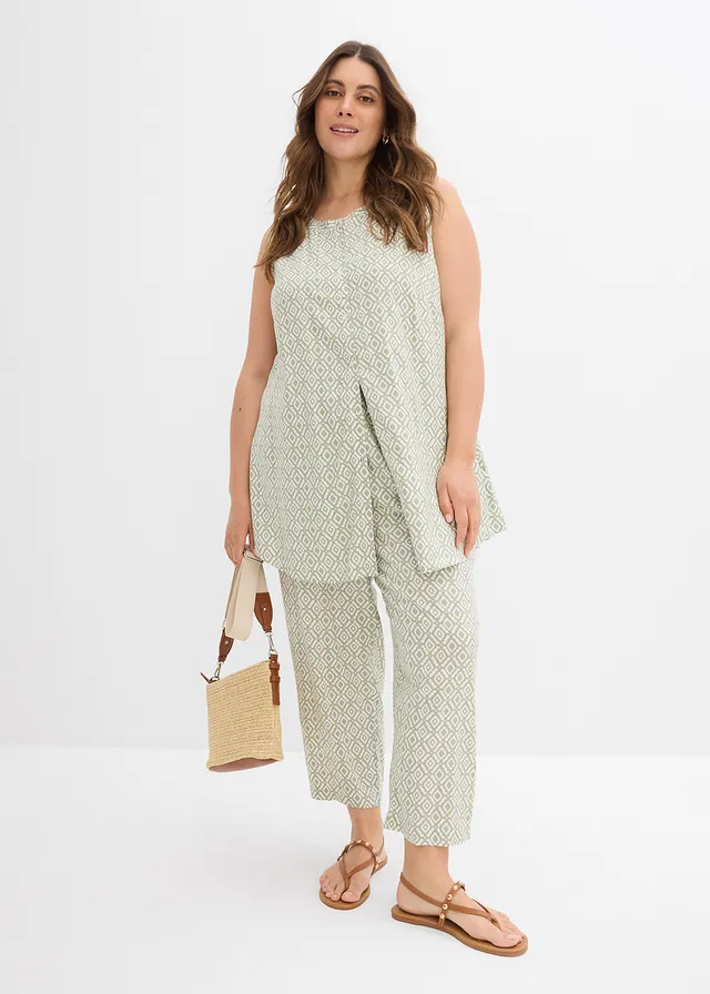 Chemisier en viscose douce, Couleur: gris vert/écru imprimé