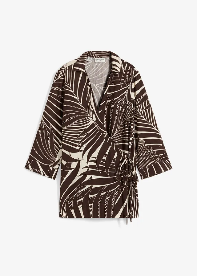 Kimono blouse in linnen look, Kleur: ecru-donkerbruin gedessineerd