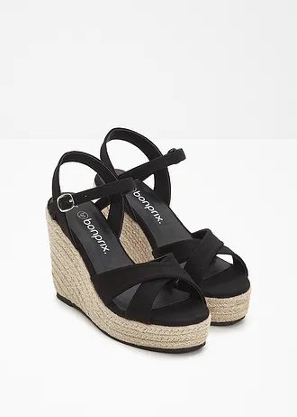 Sandaletten met sleehak in raffia-look • zwart • bonprix online shop