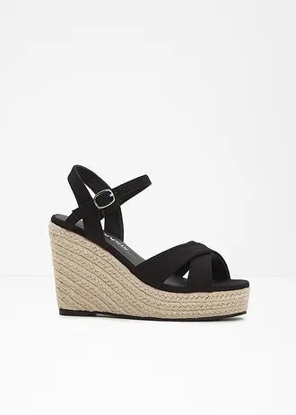 Sandaletten met sleehak in raffia-look • zwart • bonprix online shop