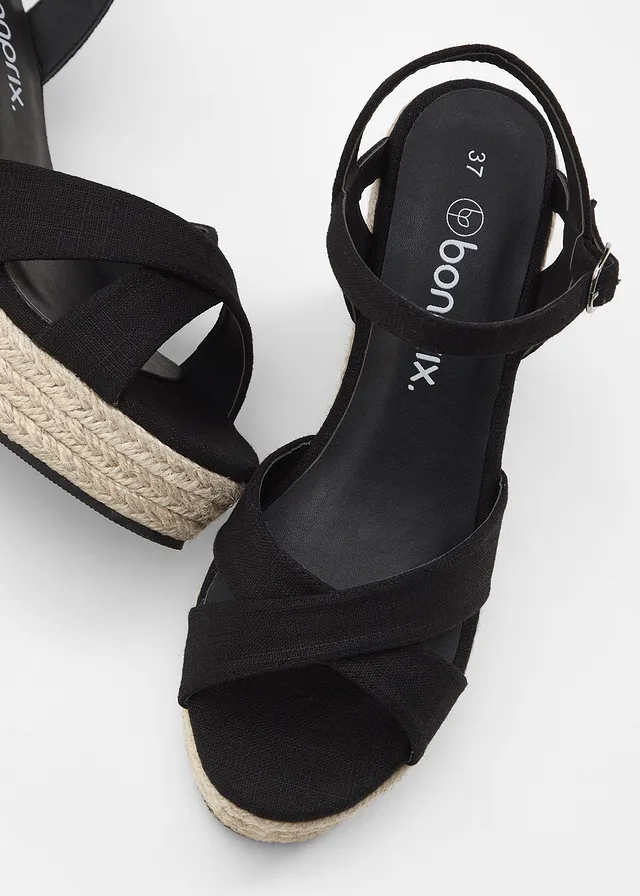 Sandaletten met sleehak in raffia-look, Kleur: zwart