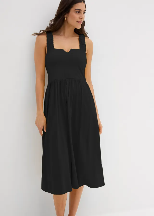 Robe légèrement évasée en jersey coton et viscose, Couleur: noir