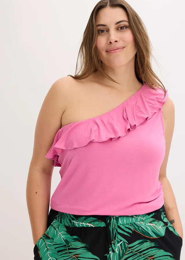 Top asymétrique avec volant en viscose douce et extensible, Couleur: rose lilas