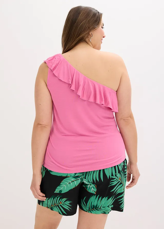 Top asymétrique avec volant en viscose douce et extensible, Couleur: rose lilas