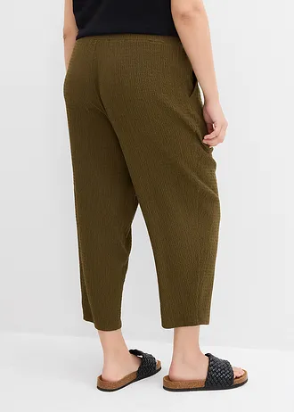 Wijde jersey broek van crêpe, cropped, Kleur: aardekleurig olijfgroen