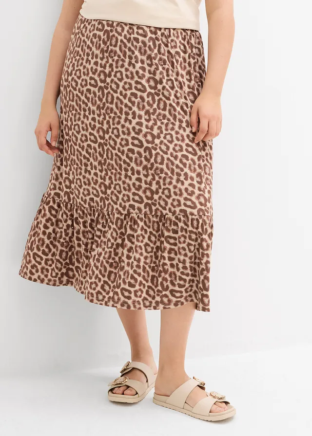 Jersey rok in een viscosemix, Kleur: beige met luipaardprint