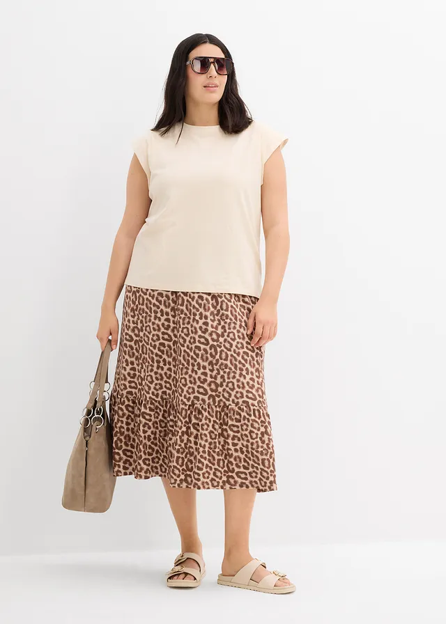 Jersey rok in een viscosemix, Kleur: beige met luipaardprint
